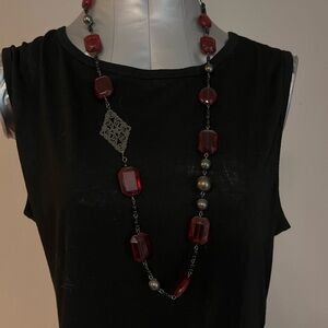 Long Red Beaded Statement Necklace - Unbranded